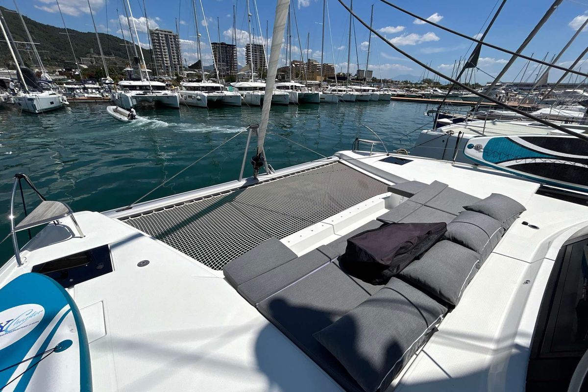 Deck of Krug, a Fountaine Pajot Elba 45 catamaran at Salerno, Italy