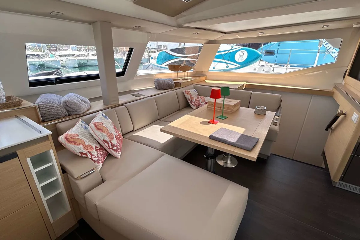 Salon of Krug, a Fountaine Pajot Elba 45 catamaran at Salerno, Italy
