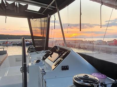 Cockpit of Alkyone, a Lagoon 450 Fly catamaran at Volos Municipality, Greece