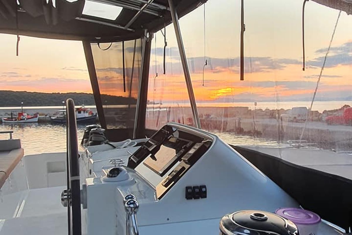 Cockpit of Alkyone, a Lagoon 450 Fly catamaran at Volos Municipality, Greece
