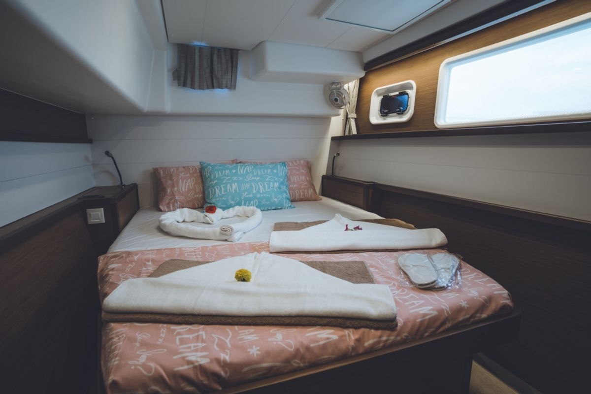 Cabin on Alkyone, a Lagoon 450 Fly catamaran at Volos Municipality, Greece