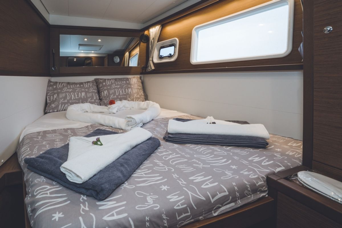 Cabin on Alkyone, a Lagoon 450 Fly catamaran at Volos Municipality, Greece