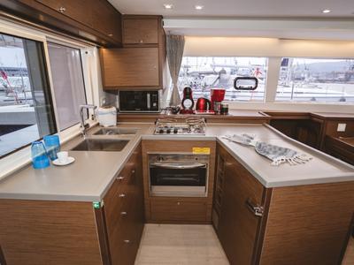 Galley of Alkyone, a Lagoon 450 Fly catamaran at Volos Municipality, Greece