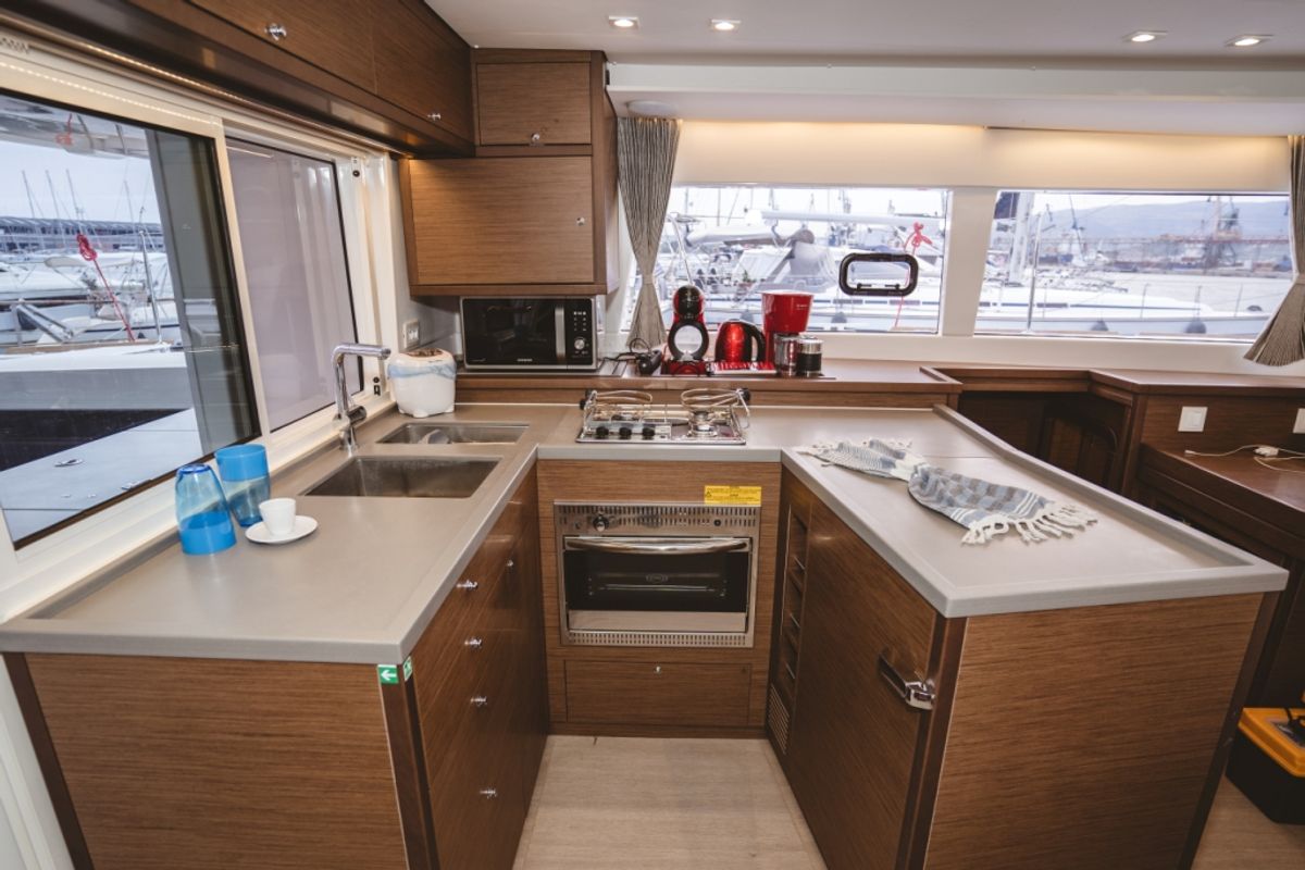 Galley of Alkyone, a Lagoon 450 Fly catamaran at Volos Municipality, Greece