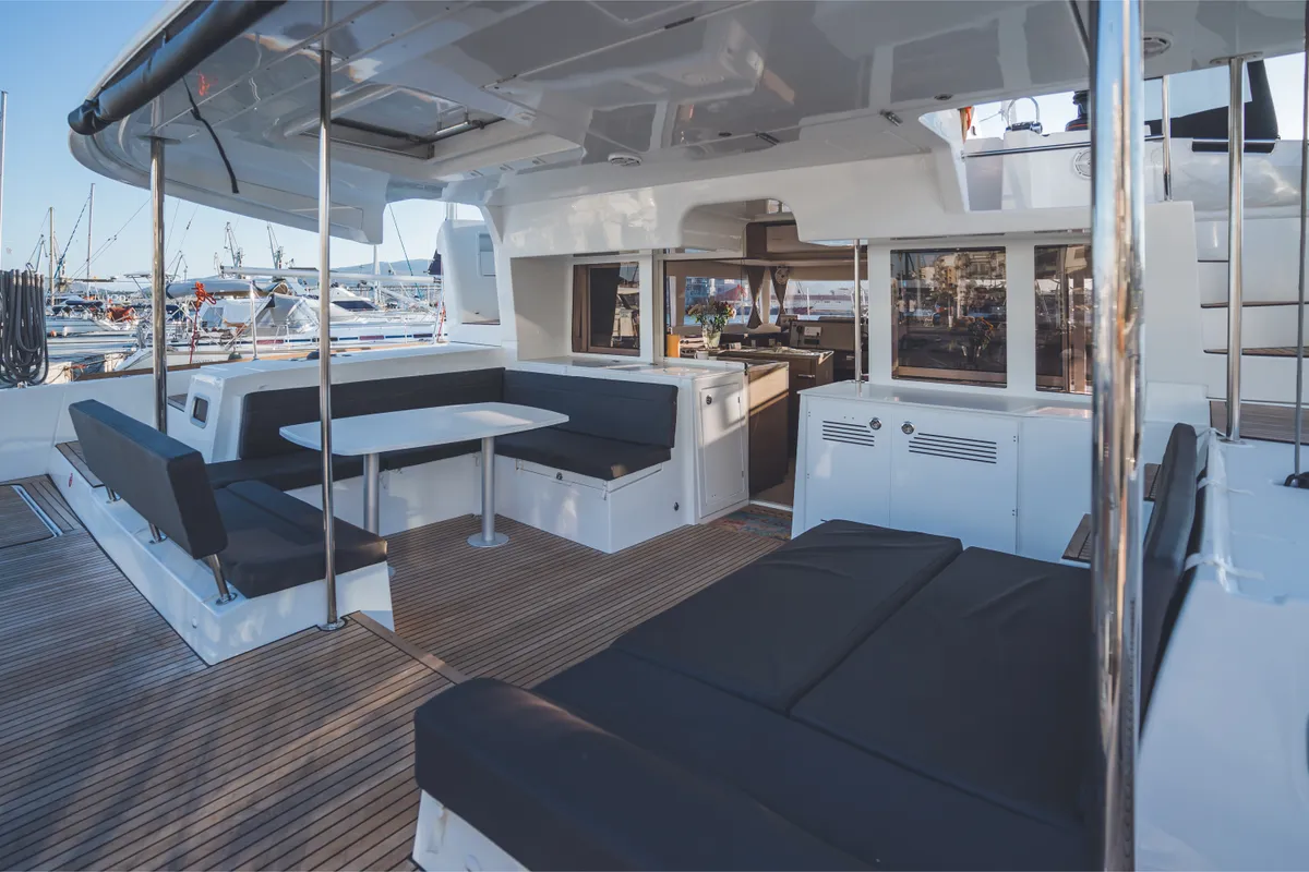 Deck of Alkyone, a Lagoon 450 Fly catamaran at Volos Municipality, Greece