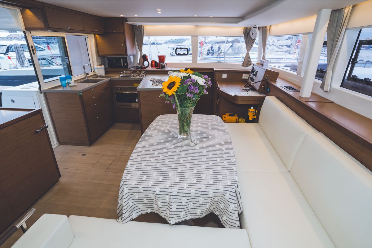 Salon of Alkyone, a Lagoon 450 Fly catamaran at Volos Municipality, Greece