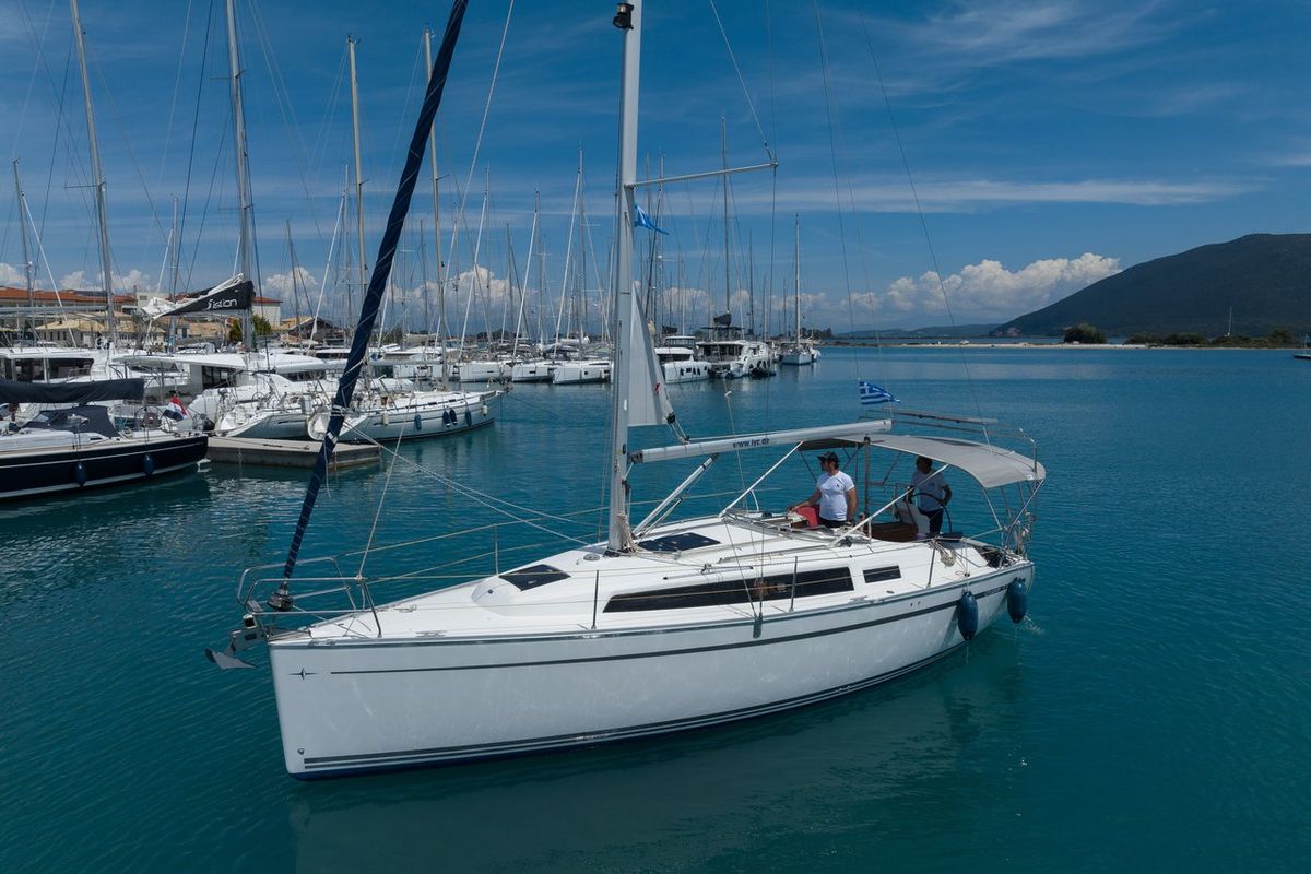 Exterior view of Maistros, a Bavaria Cruiser 33 sailboat at Municipal Unit of Lefkada, Greece