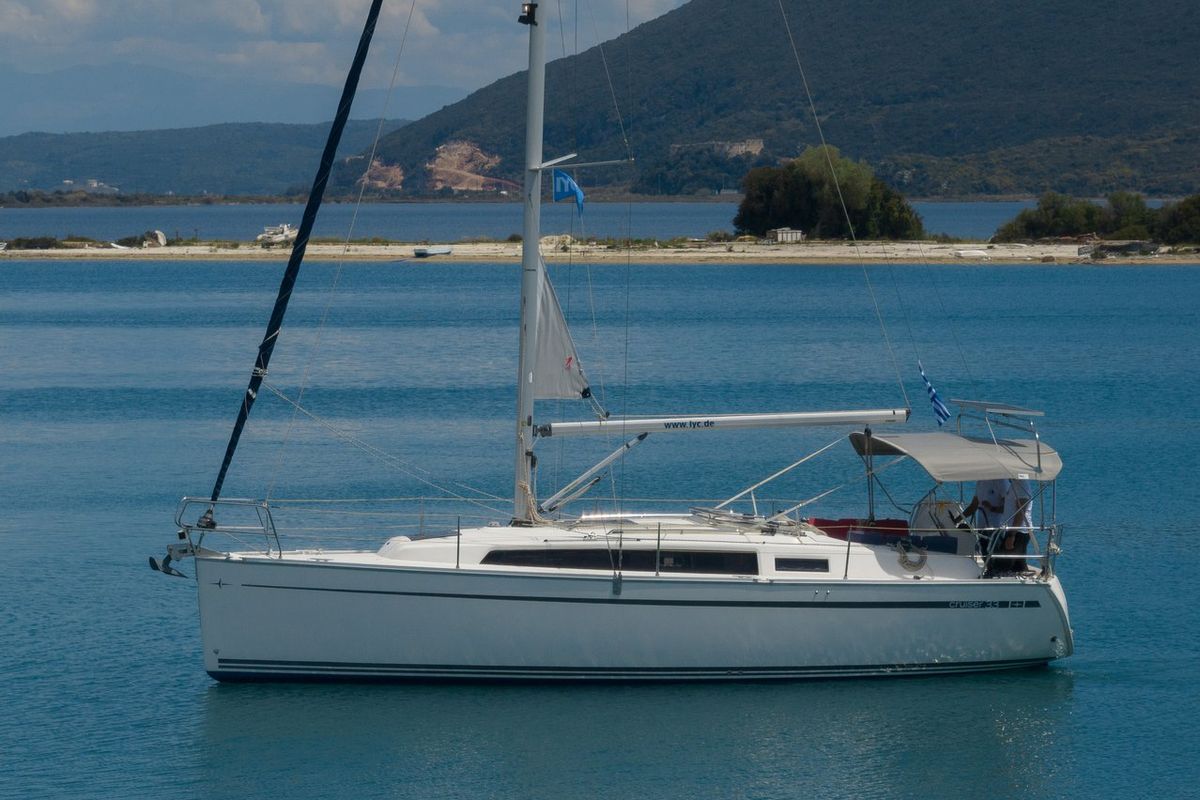 Exterior view of Maistros, a Bavaria Cruiser 33 sailboat at Municipal Unit of Lefkada, Greece