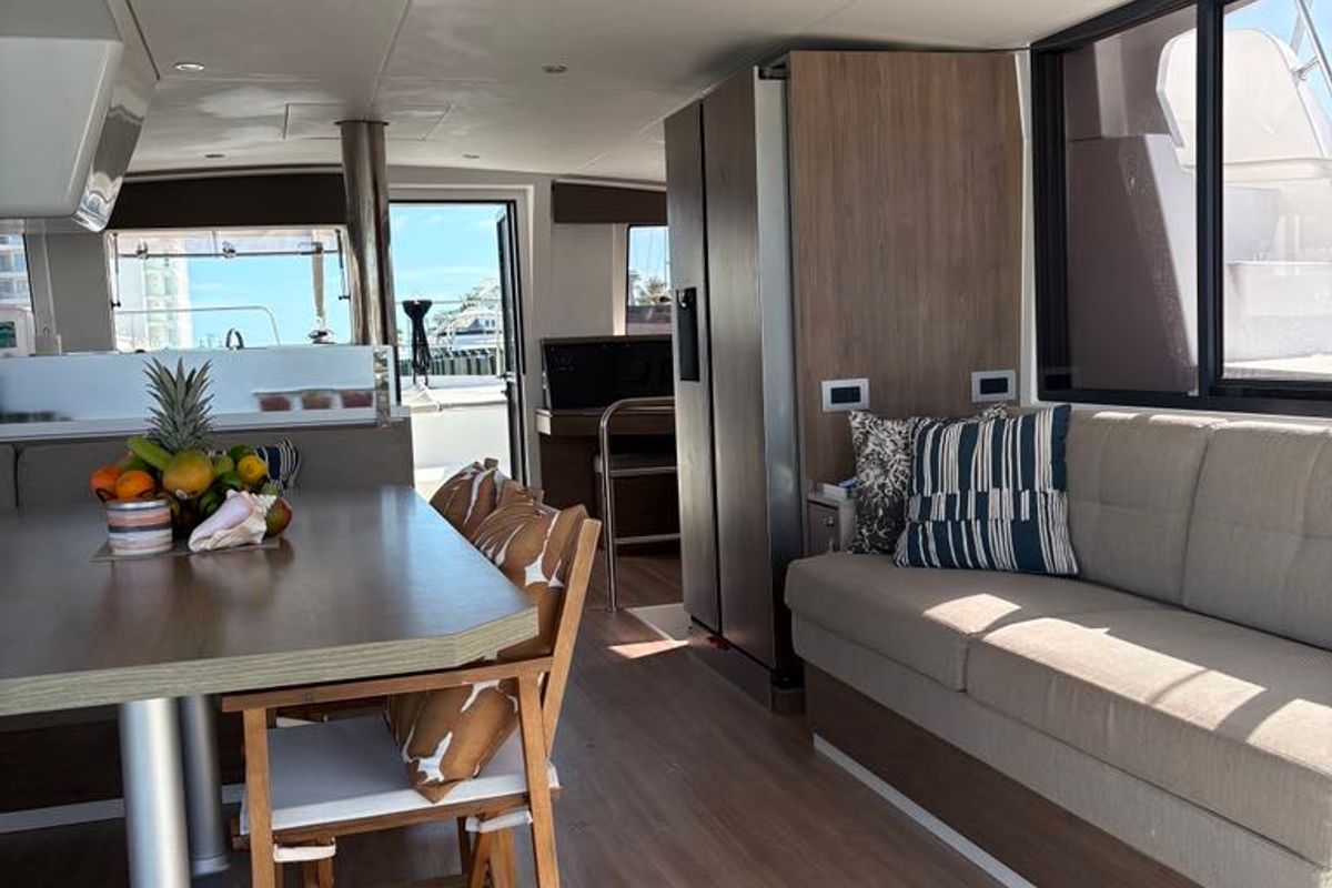 Salon of Jackalope, a Bali 4.4 catamaran at Nassau, Bahamas