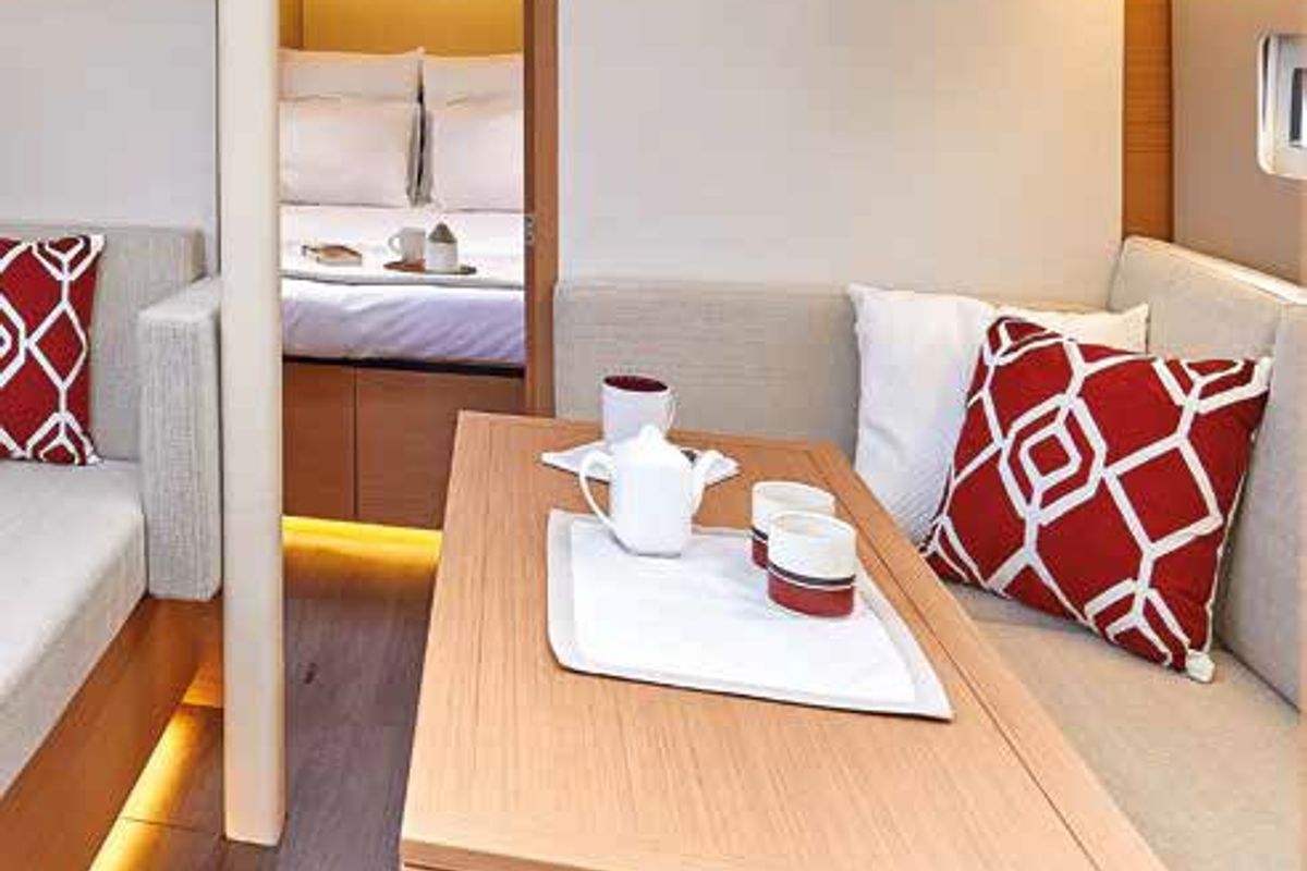 Salon of Lyon, a Jeanneau Sun Odyssey 410 sailboat at Capo d'Orlando, Italy