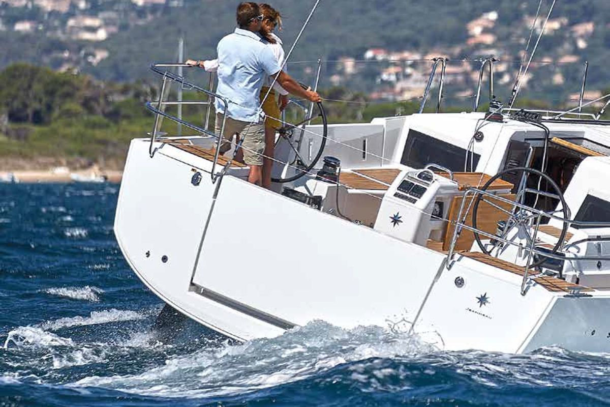Exterior view of Lyon, a Jeanneau Sun Odyssey 410 sailboat at Capo d'Orlando, Italy