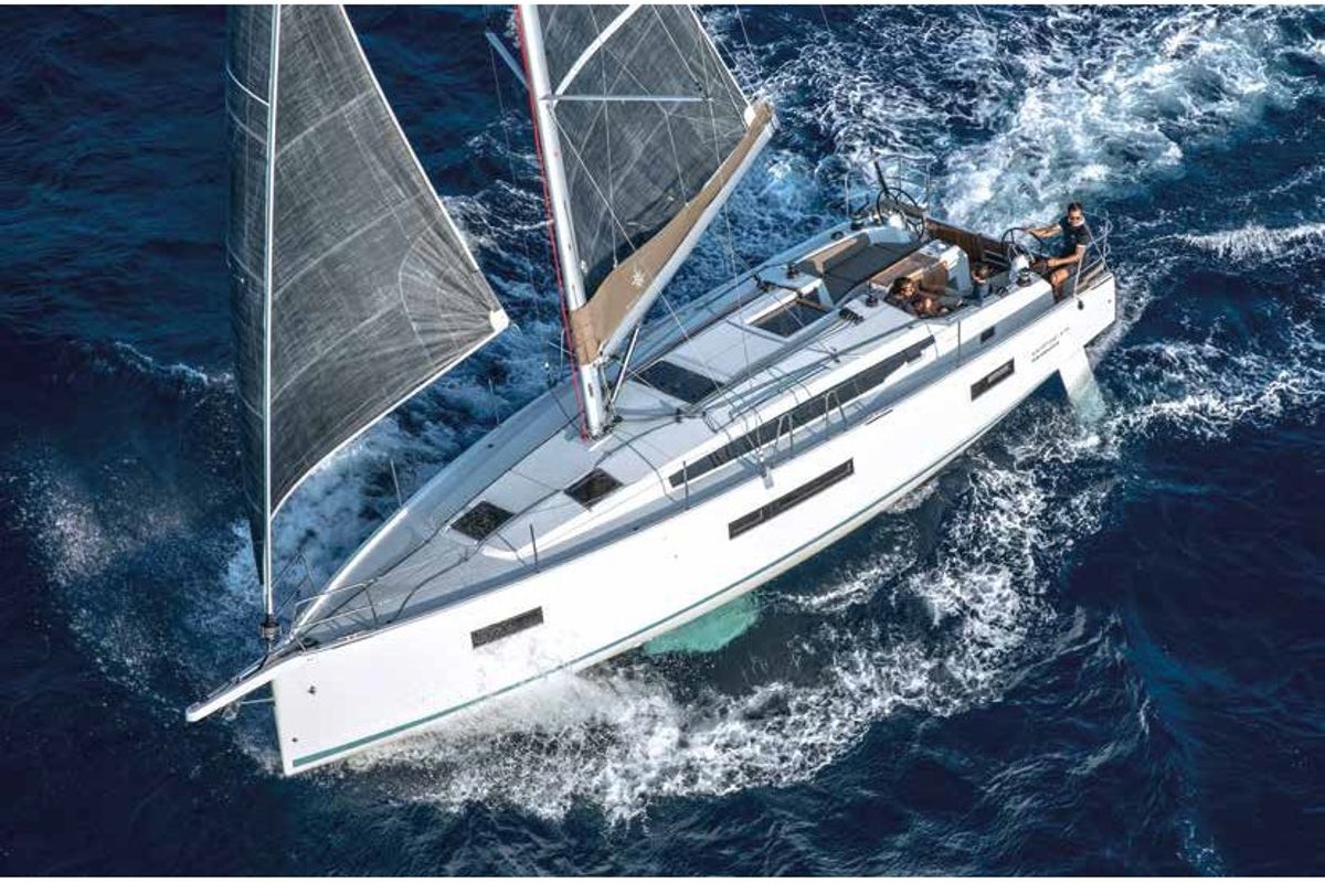 Exterior view of Lyon, a Jeanneau Sun Odyssey 410 sailboat at Capo d'Orlando, Italy