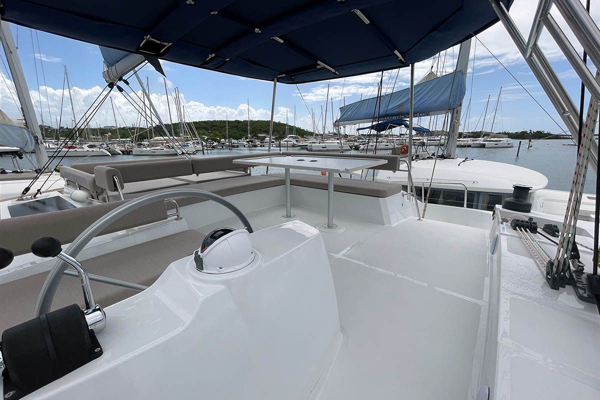 Cockpit of Seven Stars BVI, a Bali 4.8 catamaran at Road Town, British Virgin Islands