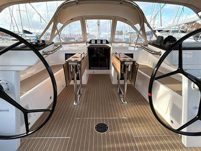 Cockpit of TOPAZ, a Bavaria C46 sailboat at es Jonquet, Spain