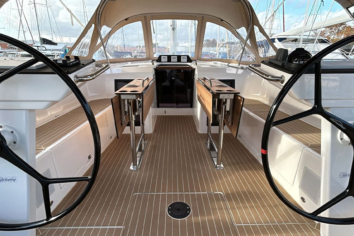Cockpit of TOPAZ, a Bavaria C46 sailboat at es Jonquet, Spain