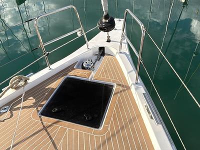 Deck of TOPAZ, a Bavaria C46 sailboat at es Jonquet, Spain