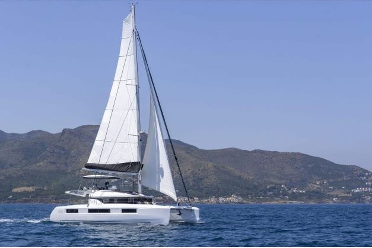 Exterior view of Achilleas, a Lagoon 51 Iconic catamaran at Athens, Greece