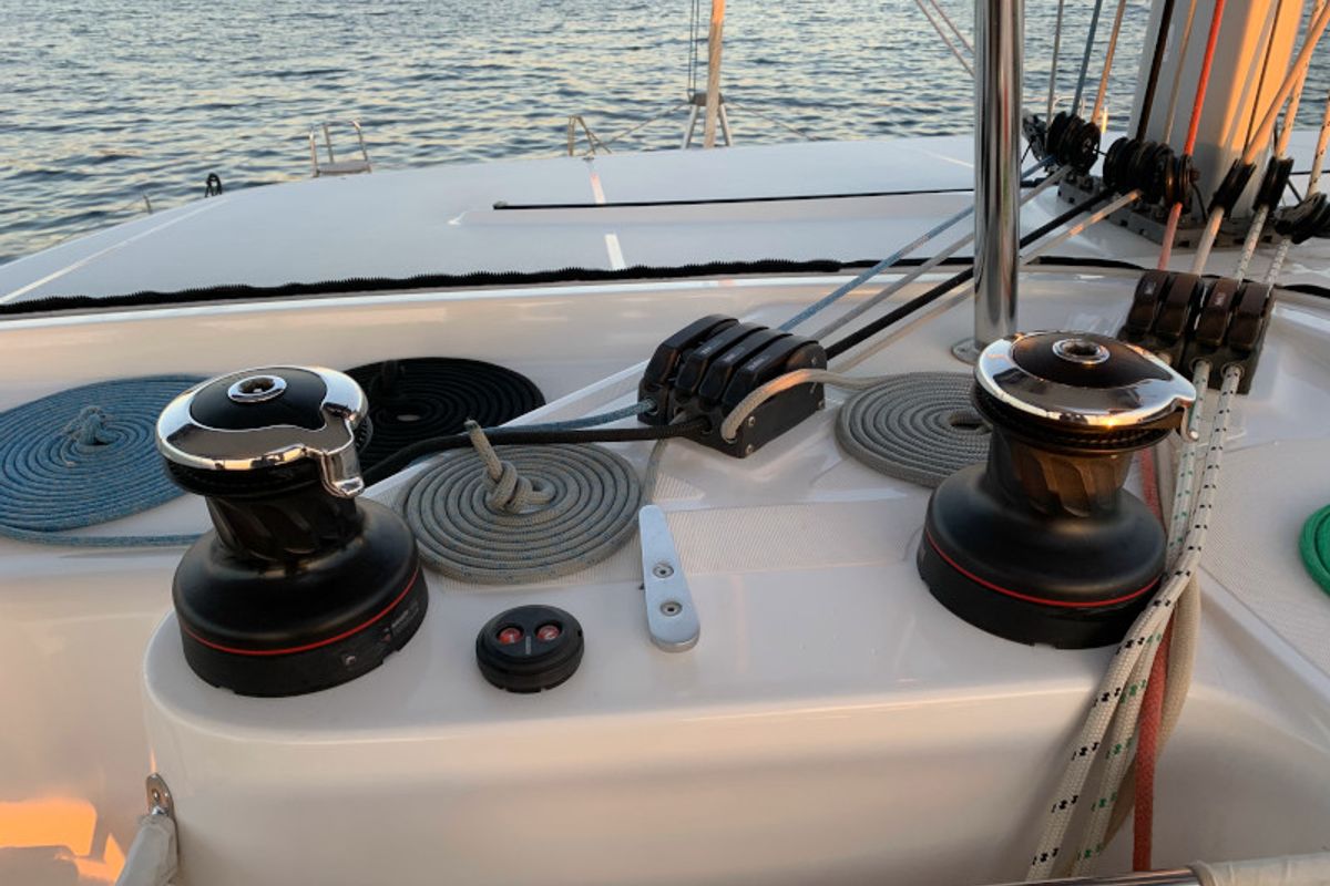 Cockpit of PASCAL, a Lagoon 42 catamaran at Sant Antoni de Portmany, Spain