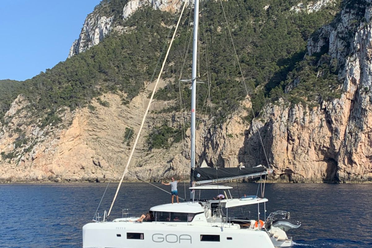 Exterior view of PASCAL, a Lagoon 42 catamaran at Sant Antoni de Portmany, Spain