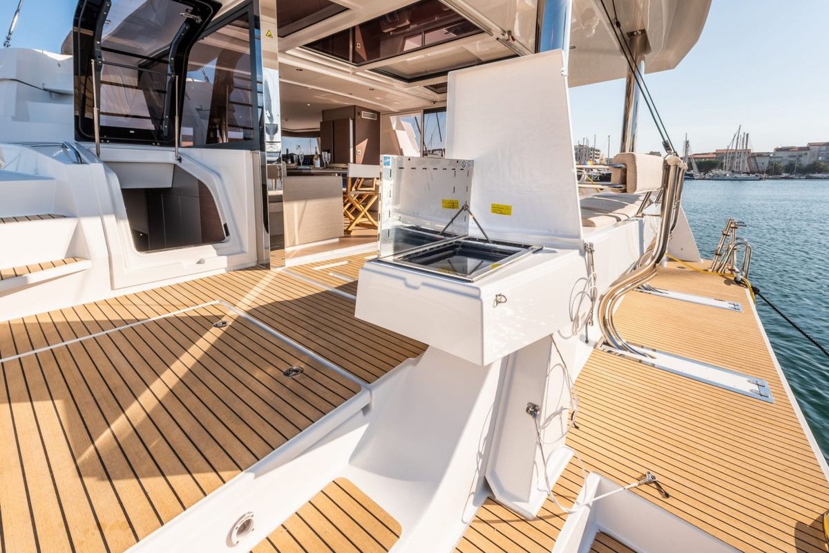 Deck of MIM OCEAN 1, a Bali 5.4 catamaran at Sitges, Spain