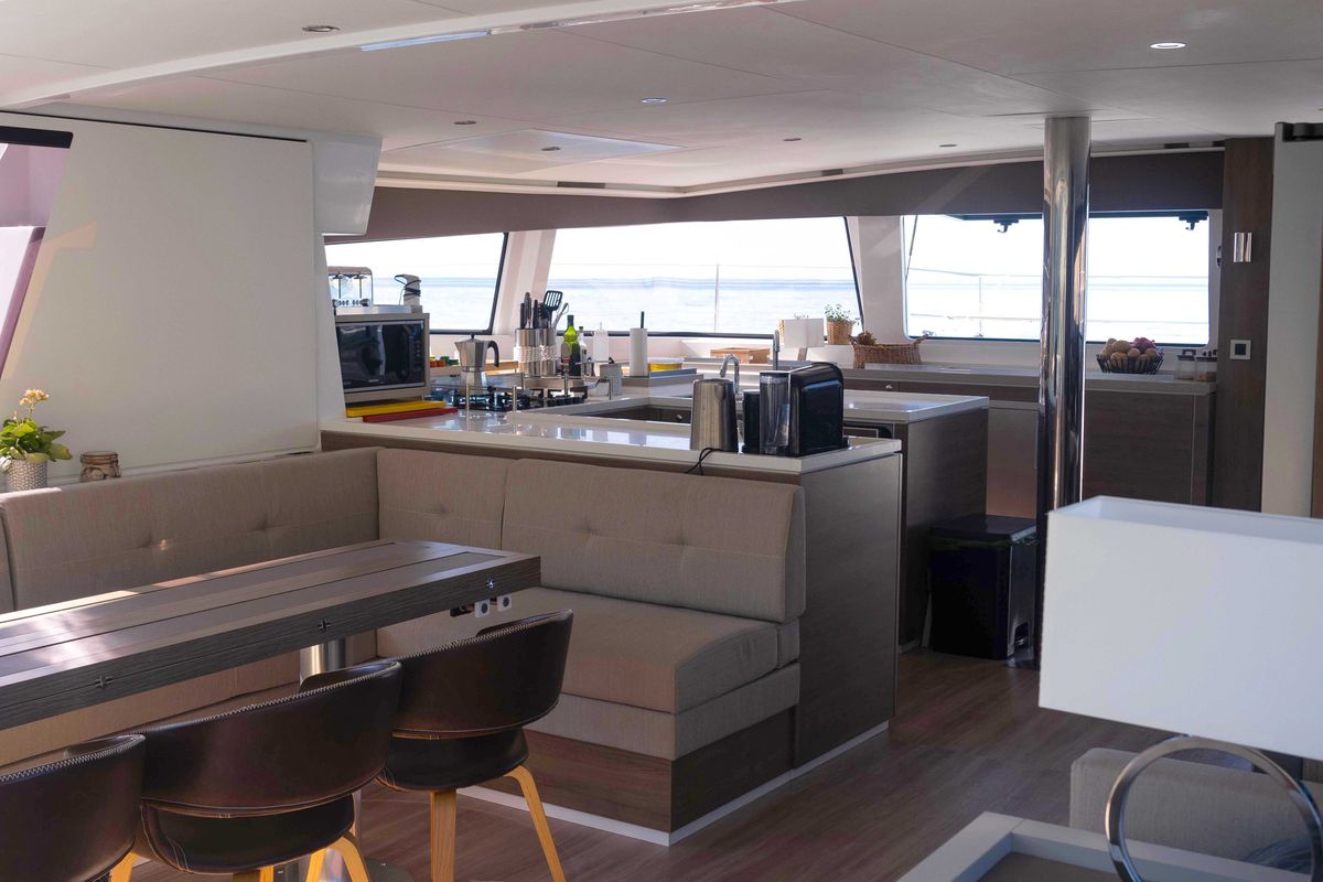 Salon of MIM OCEAN 1, a Bali 5.4 catamaran at Sitges, Spain