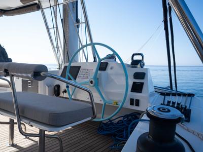 Cockpit of MIM OCEAN 1, a Bali 5.4 catamaran at Sitges, Spain