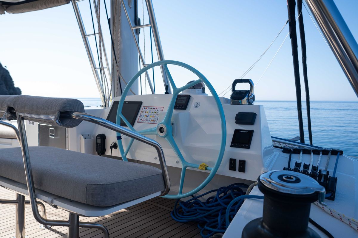 Cockpit of MIM OCEAN 1, a Bali 5.4 catamaran at Sitges, Spain