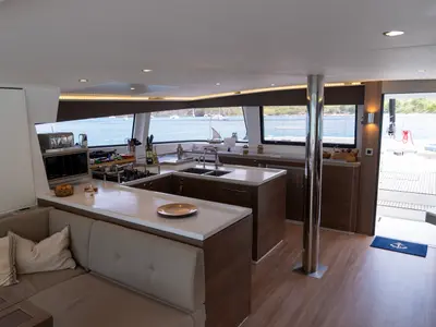 Galley of MIM OCEAN 1, a Bali 5.4 catamaran at Sitges, Spain