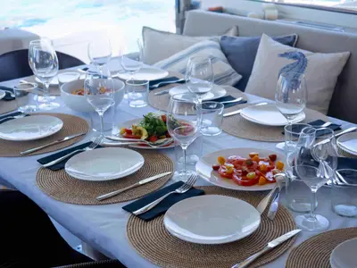 Deck of MIM OCEAN 1, a Bali 5.4 catamaran at Sitges, Spain
