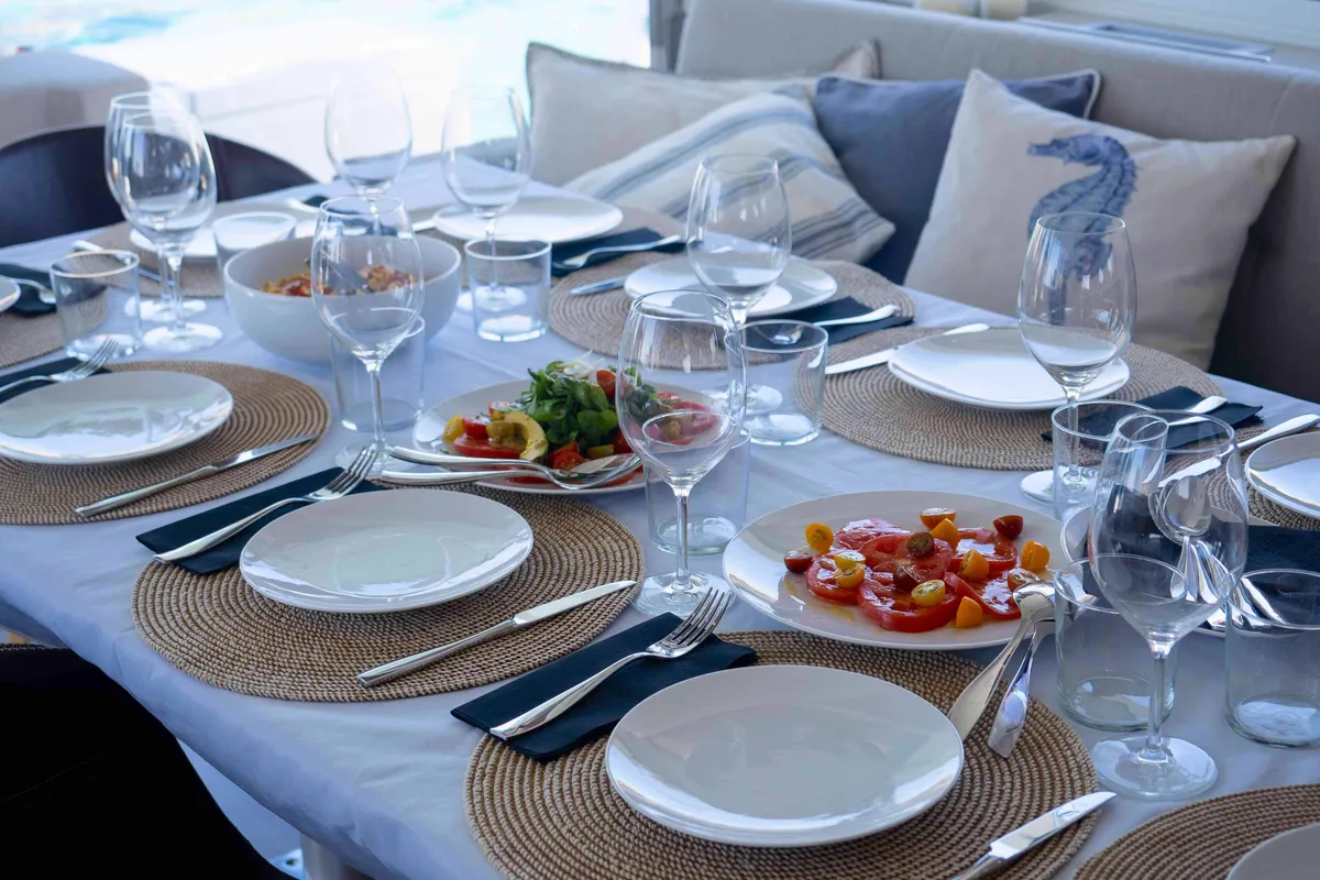 Deck of MIM OCEAN 1, a Bali 5.4 catamaran at Sitges, Spain