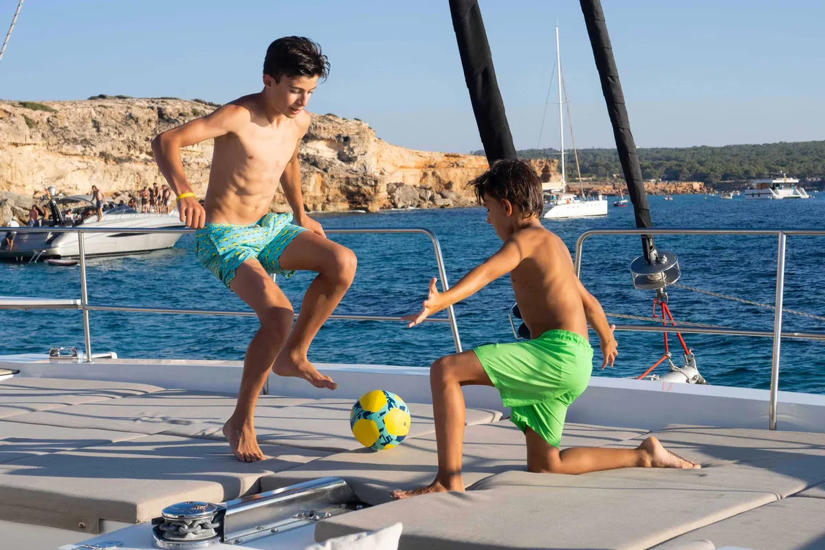 Deck of MIM OCEAN 1, a Bali 5.4 catamaran at Sitges, Spain