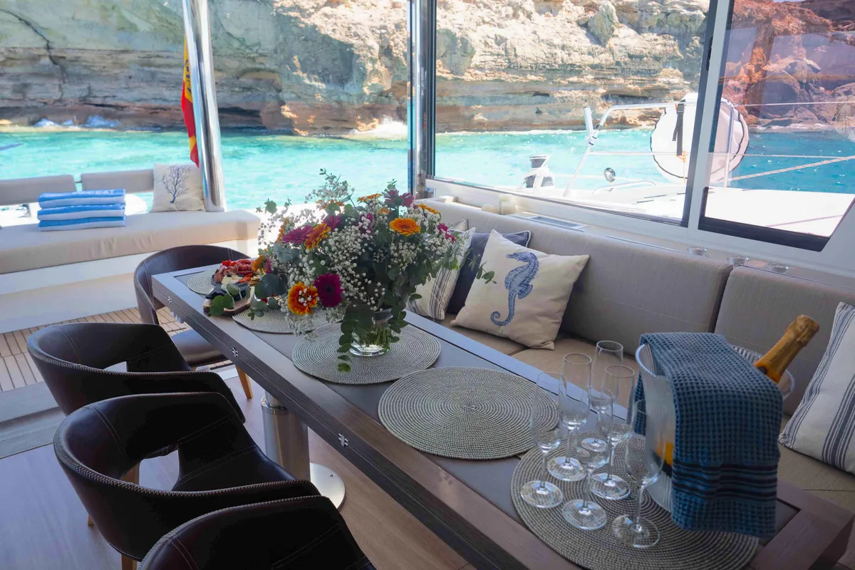 Salon of MIM OCEAN 1, a Bali 5.4 catamaran at Sitges, Spain