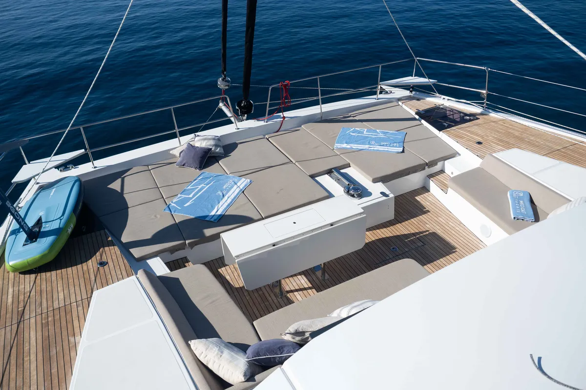 Deck of MIM OCEAN 1, a Bali 5.4 catamaran at Sitges, Spain