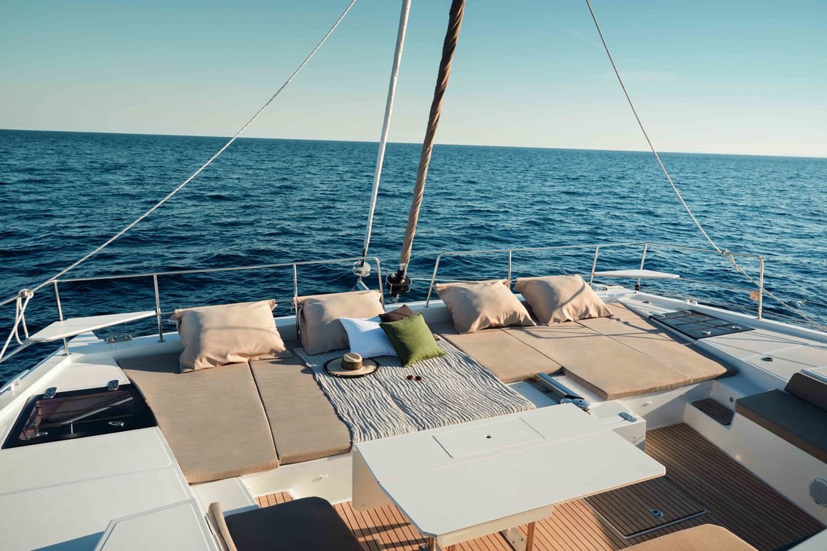 Deck of MIM OCEAN 1, a Bali 5.4 catamaran at Sitges, Spain