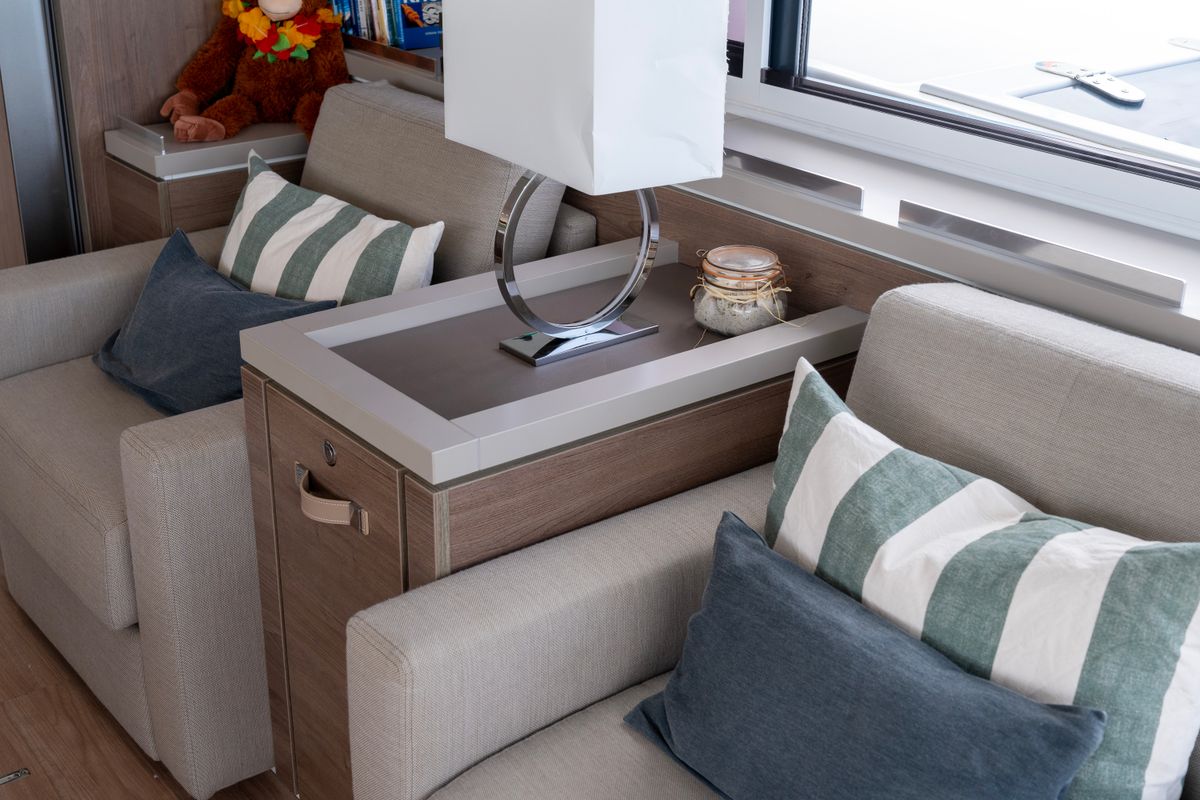 Salon of MIM OCEAN 1, a Bali 5.4 catamaran at Sitges, Spain