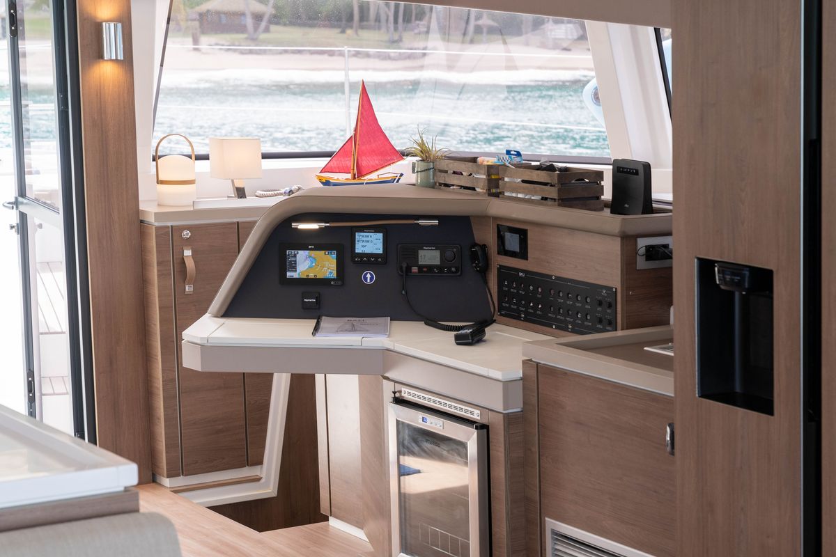 Cockpit of MIM OCEAN 1, a Bali 5.4 catamaran at Sitges, Spain