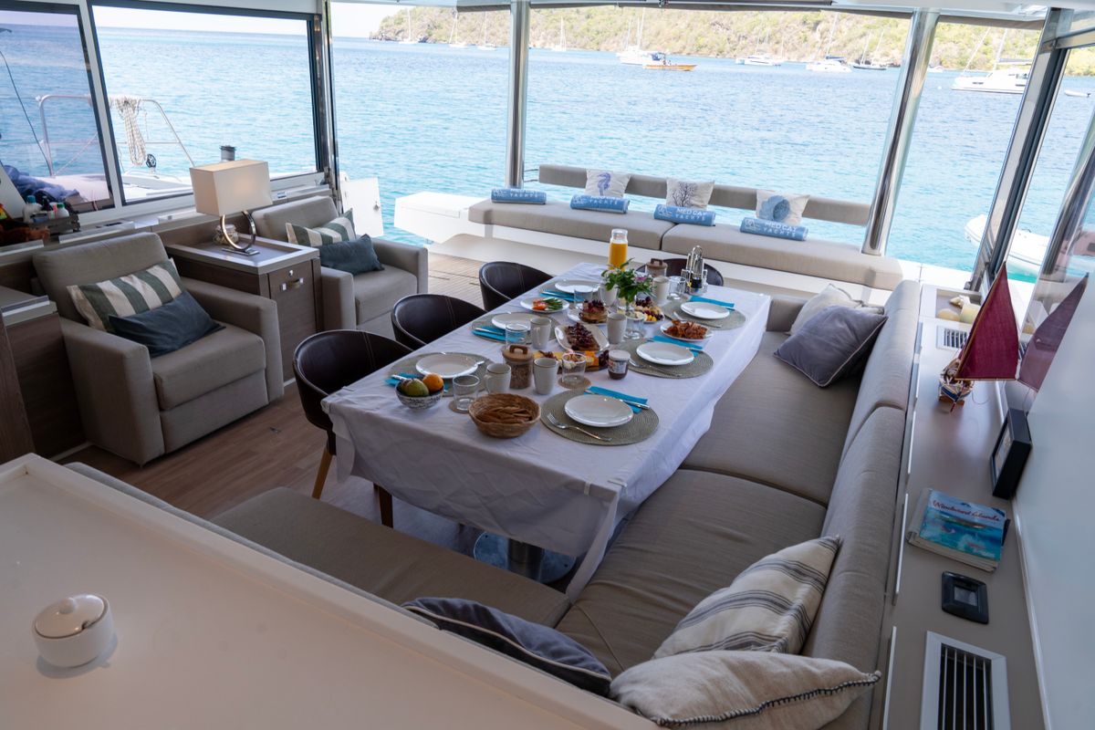 Salon of MIM OCEAN 1, a Bali 5.4 catamaran at Sitges, Spain