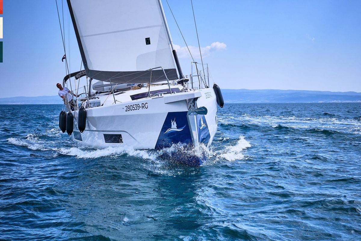 Exterior view of Sonata, a Dufour 470 sailboat at Općina Rogoznica, Croatia