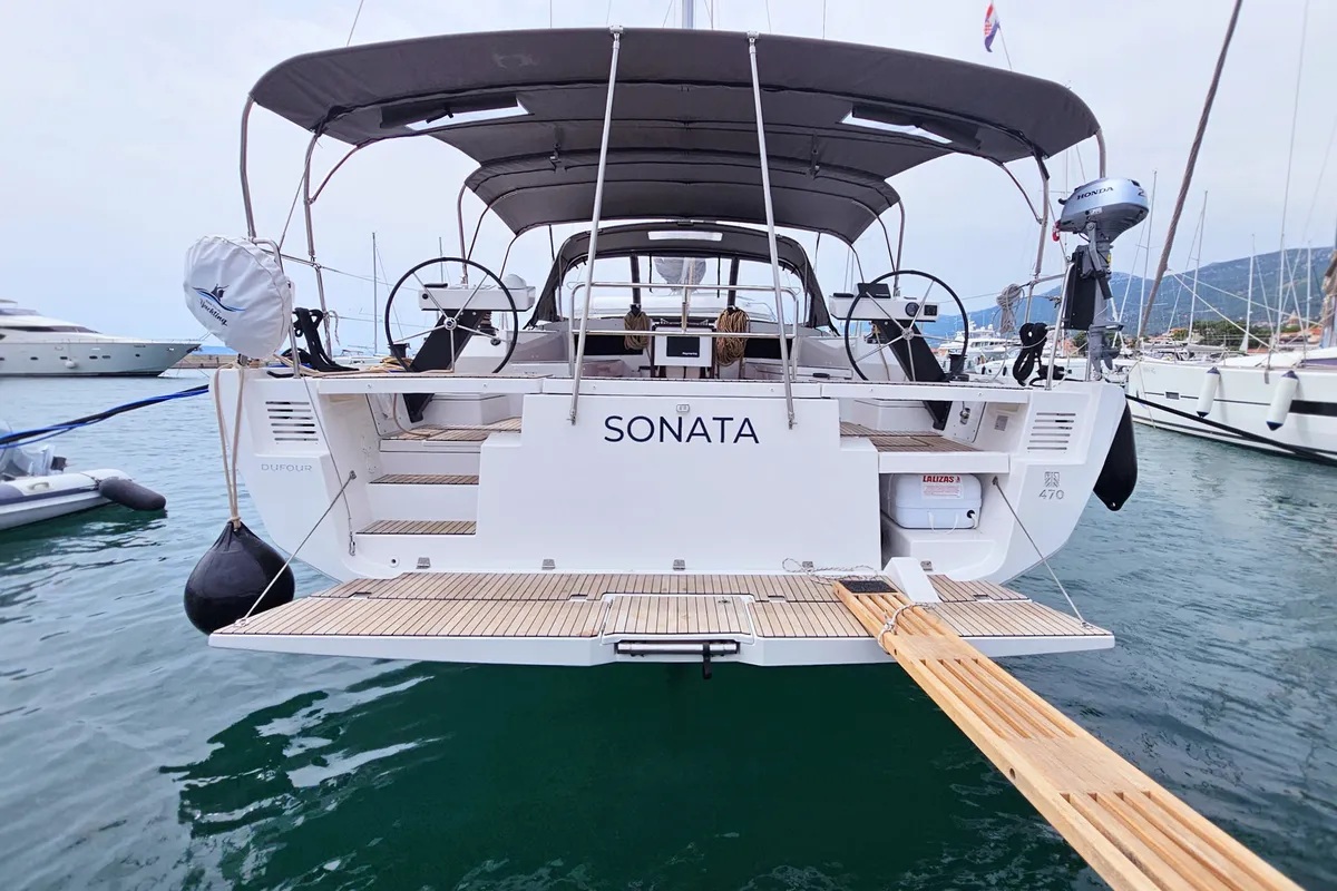 Exterior view of Sonata, a Dufour 470 sailboat at Općina Rogoznica, Croatia