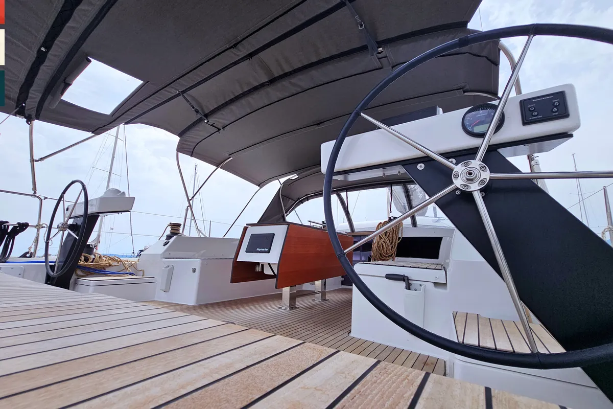 Deck of Sonata, a Dufour 470 sailboat at Općina Rogoznica, Croatia