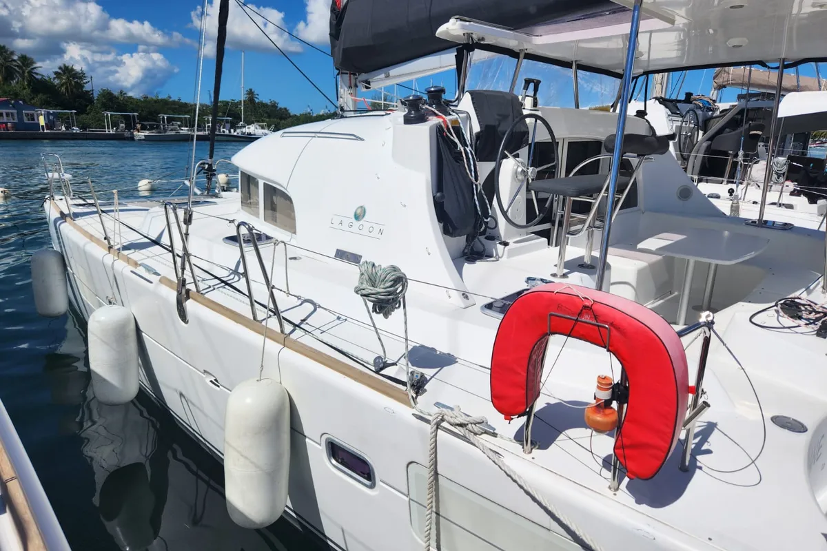 Exterior view of Arcane, a Lagoon 380 catamaran at Le Gosier, France