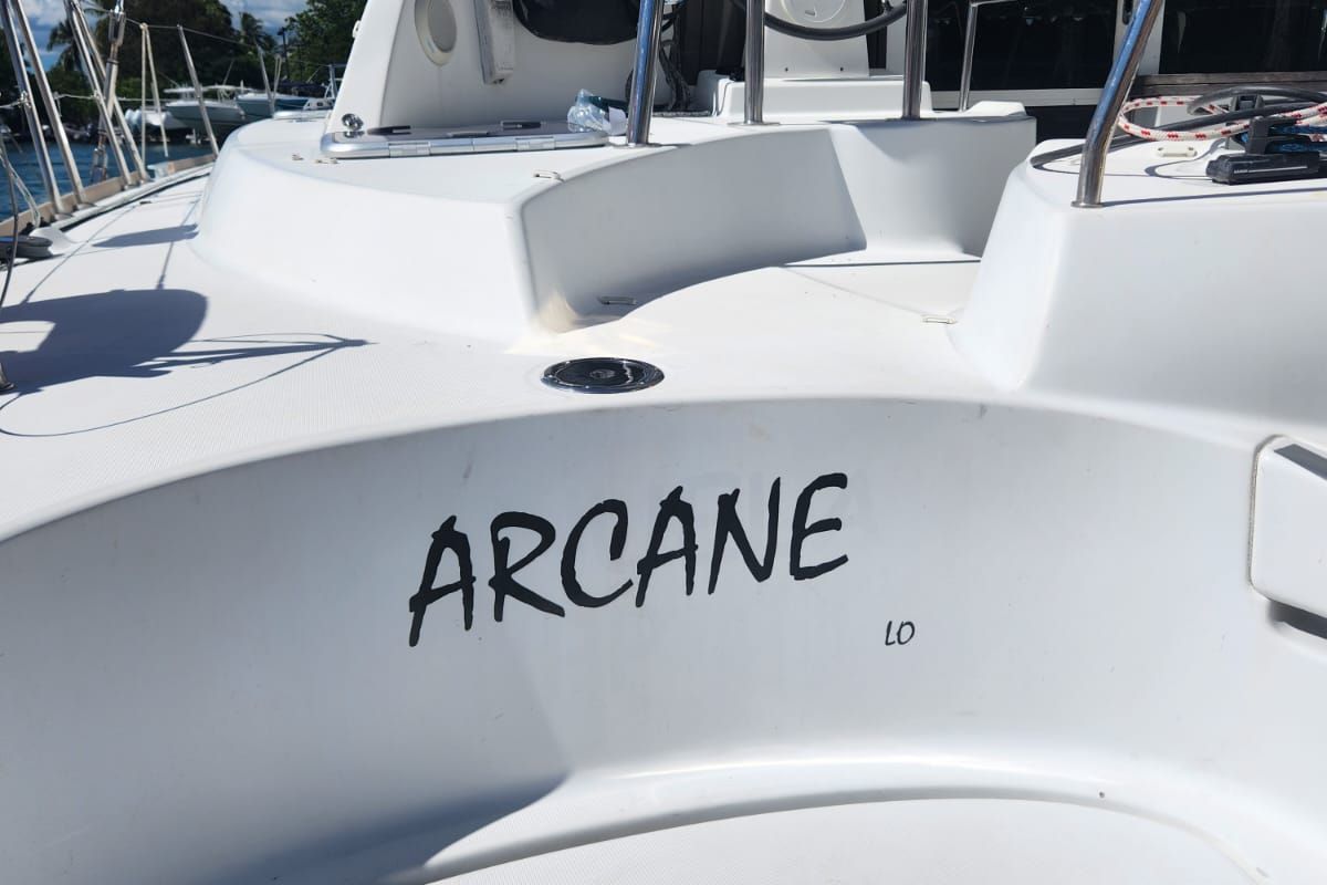 Exterior view of Arcane, a Lagoon 380 catamaran at Le Gosier, France