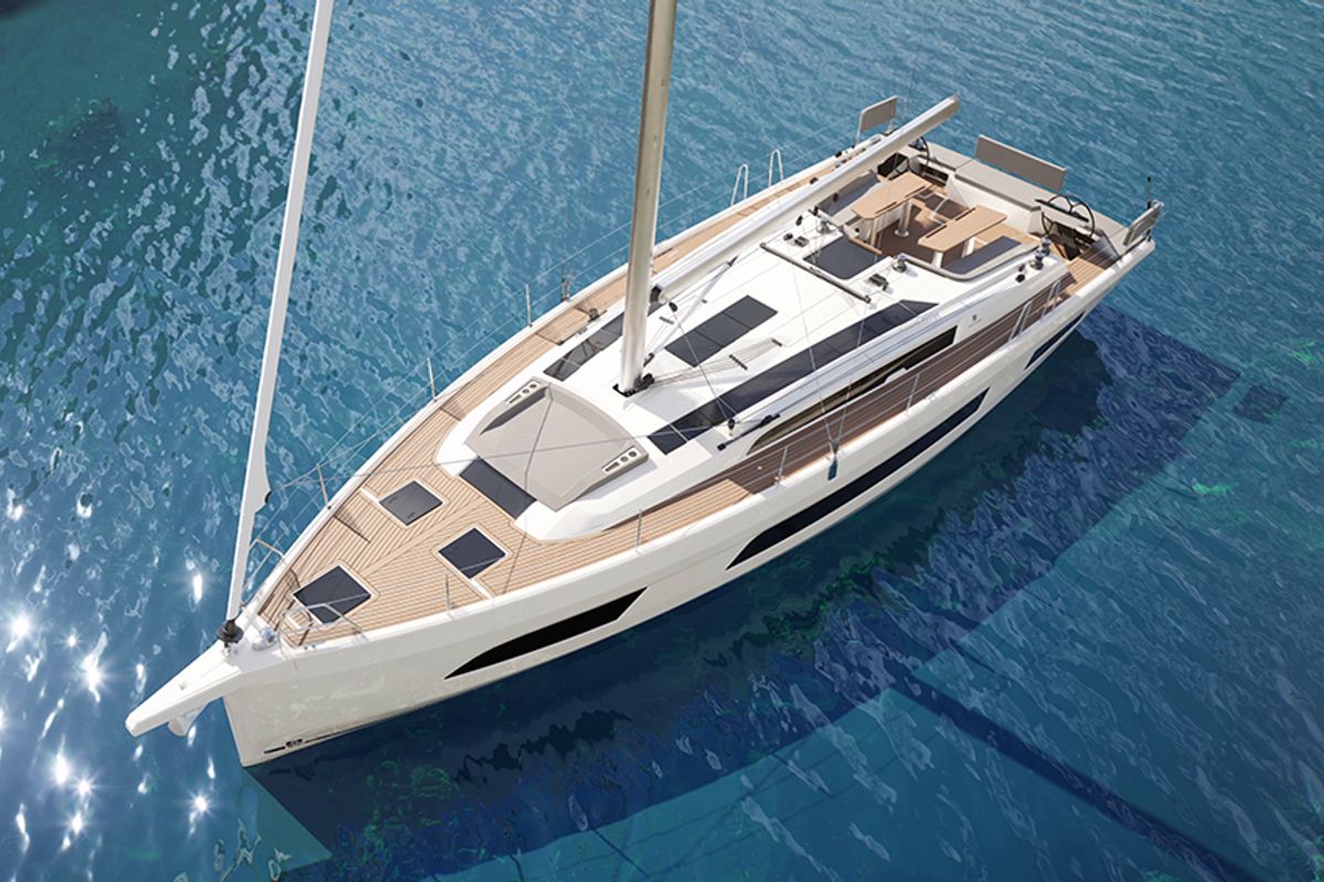 Exterior view of Luna, a Dufour 48 sailboat at Mytikas, Greece