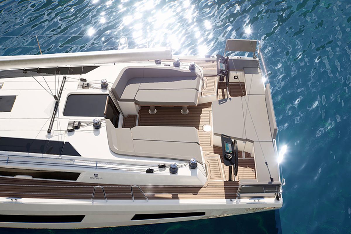 Deck of Luna, a Dufour 48 sailboat at Mytikas, Greece