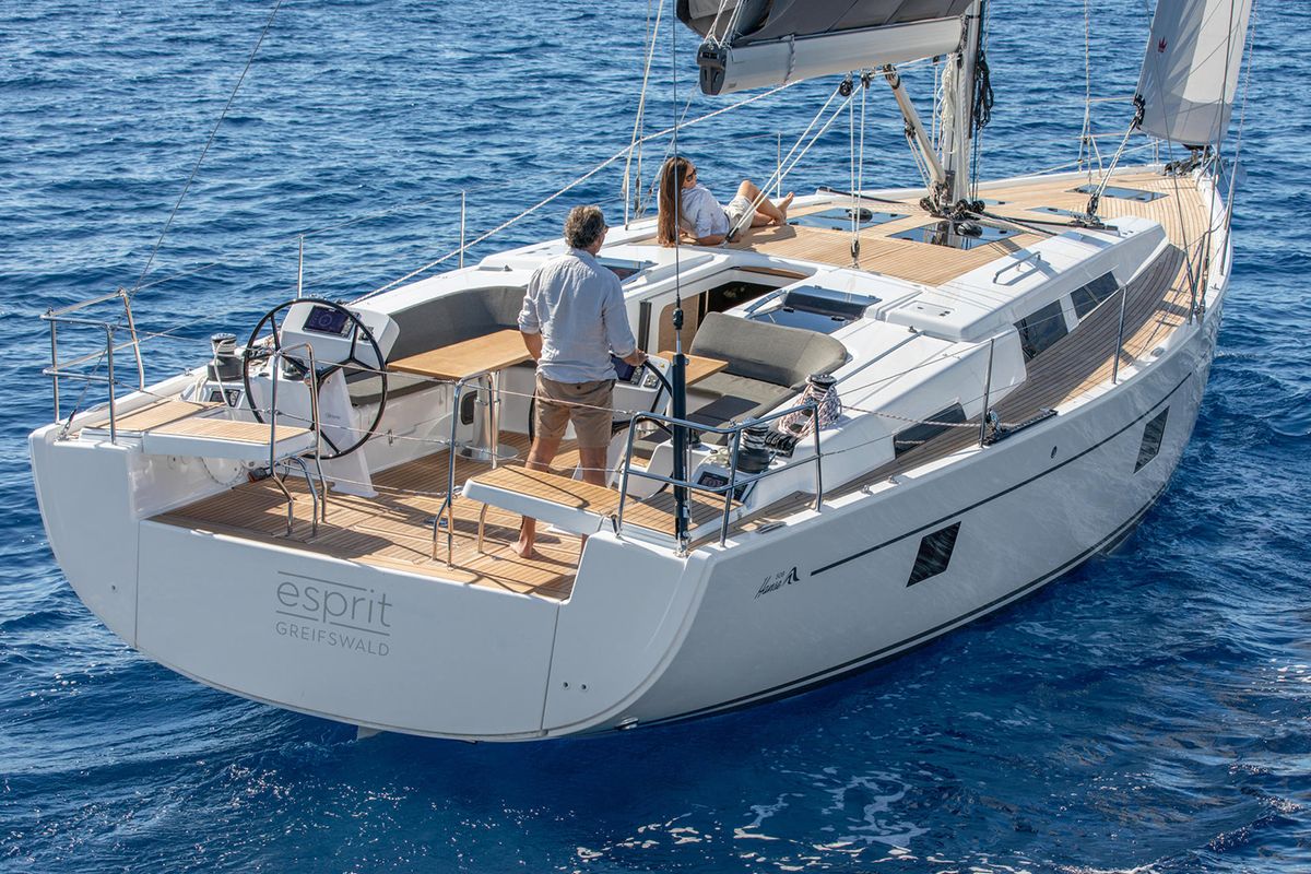 Exterior view of Big Blue, a Hanse Yachts Hanse 508 sailboat at Athens, Greece