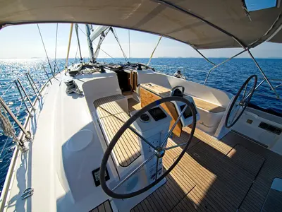 Deck of MH 78, a Bavaria Cruiser 46 sailboat at Murter, Croatia