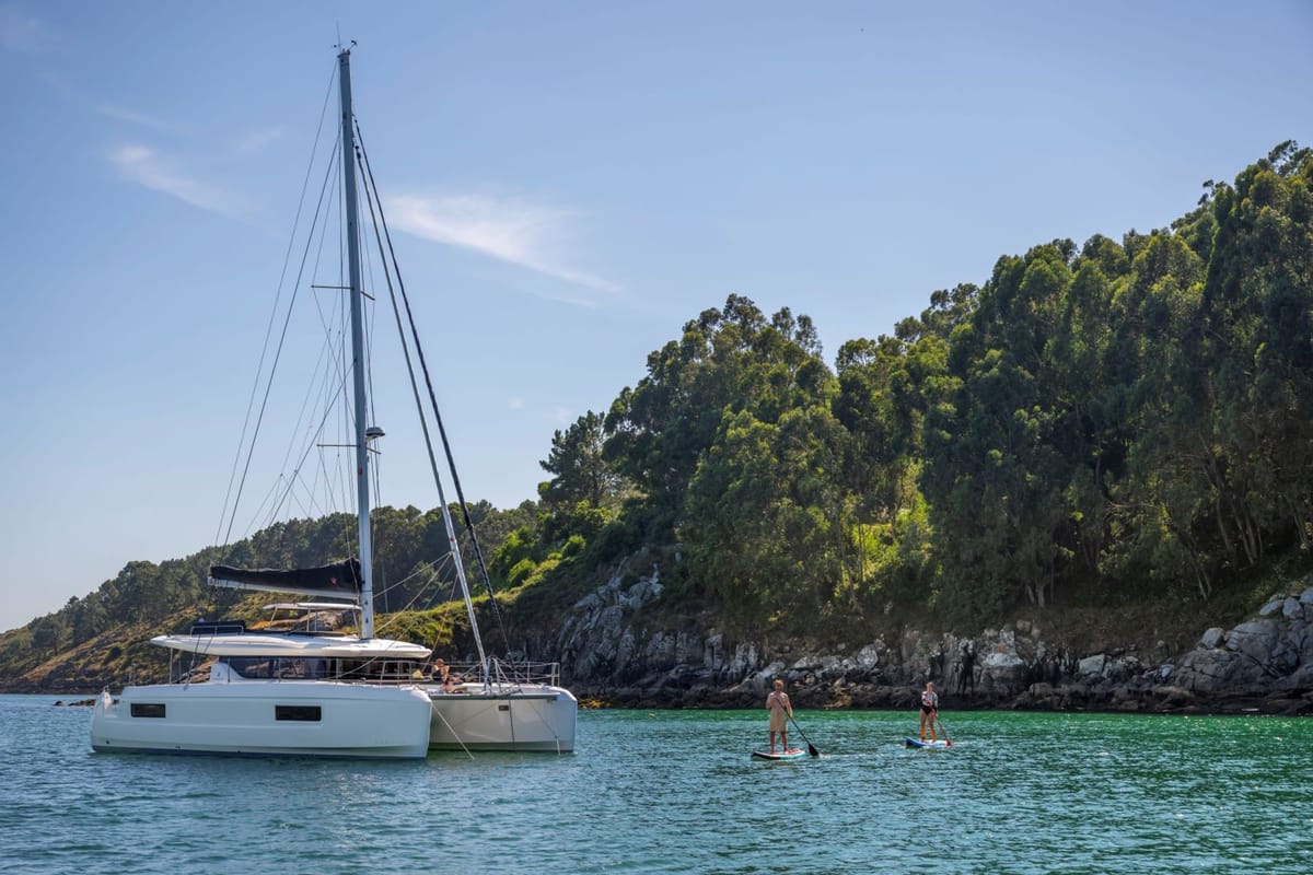 Exterior view of Mh 78, a Lagoon 43 catamaran at Olbia, Italy