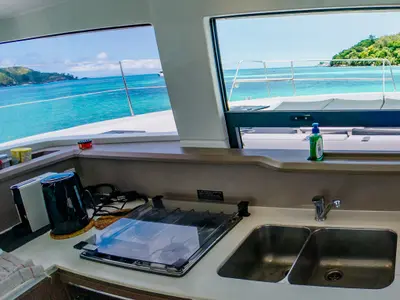 Galley of Premium +, a Bali 4.3 catamaran at Seychelles, Eden Island Marina, Seychelles