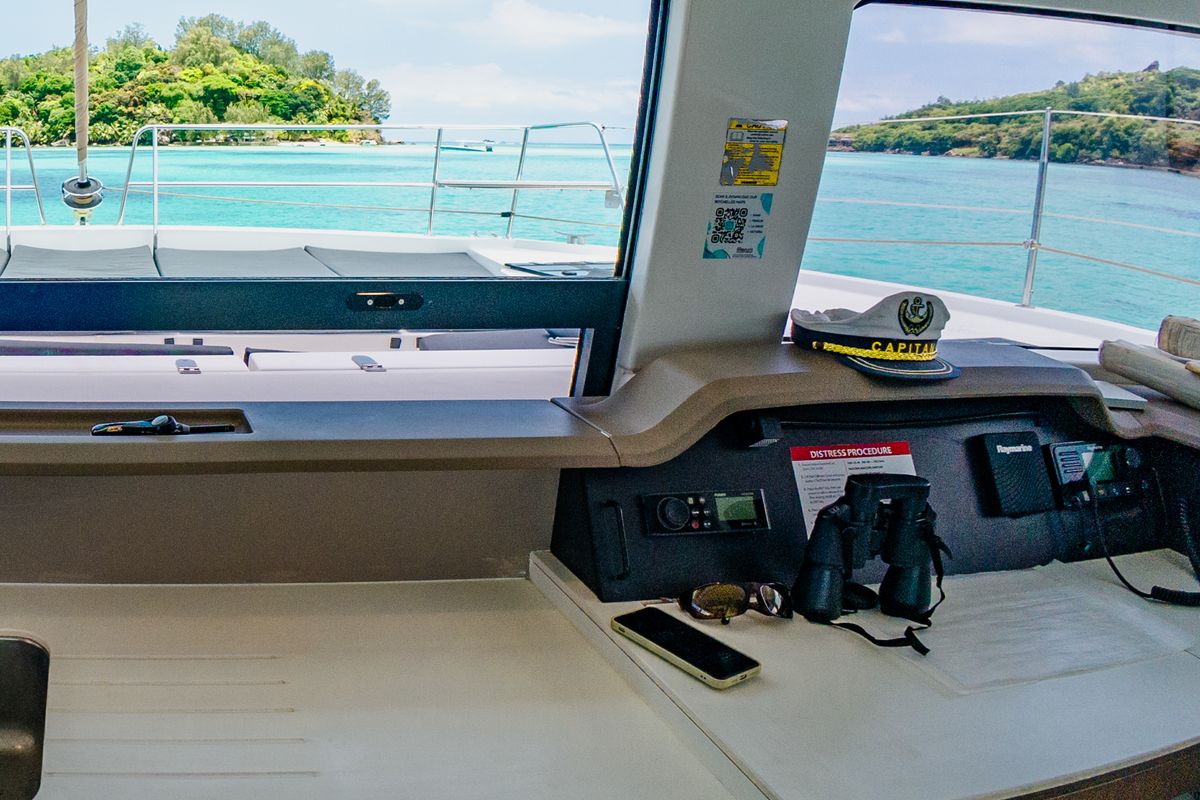 Cockpit of Premium +, a Bali 4.3 catamaran at Seychelles, Eden Island Marina, Seychelles