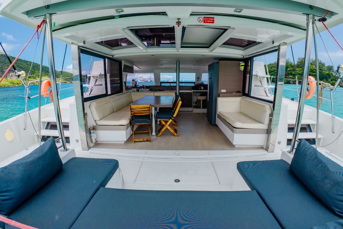 Deck of Premium +, a Bali 4.3 catamaran at Seychelles, Eden Island Marina, Seychelles